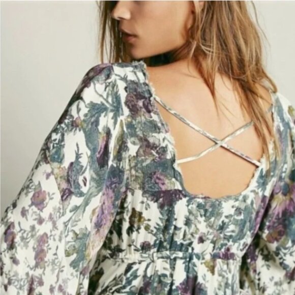 Free People Heart of Gold Floral Print Mini Dress Butterfly Sleeves Size Small - Picture 12 of 14